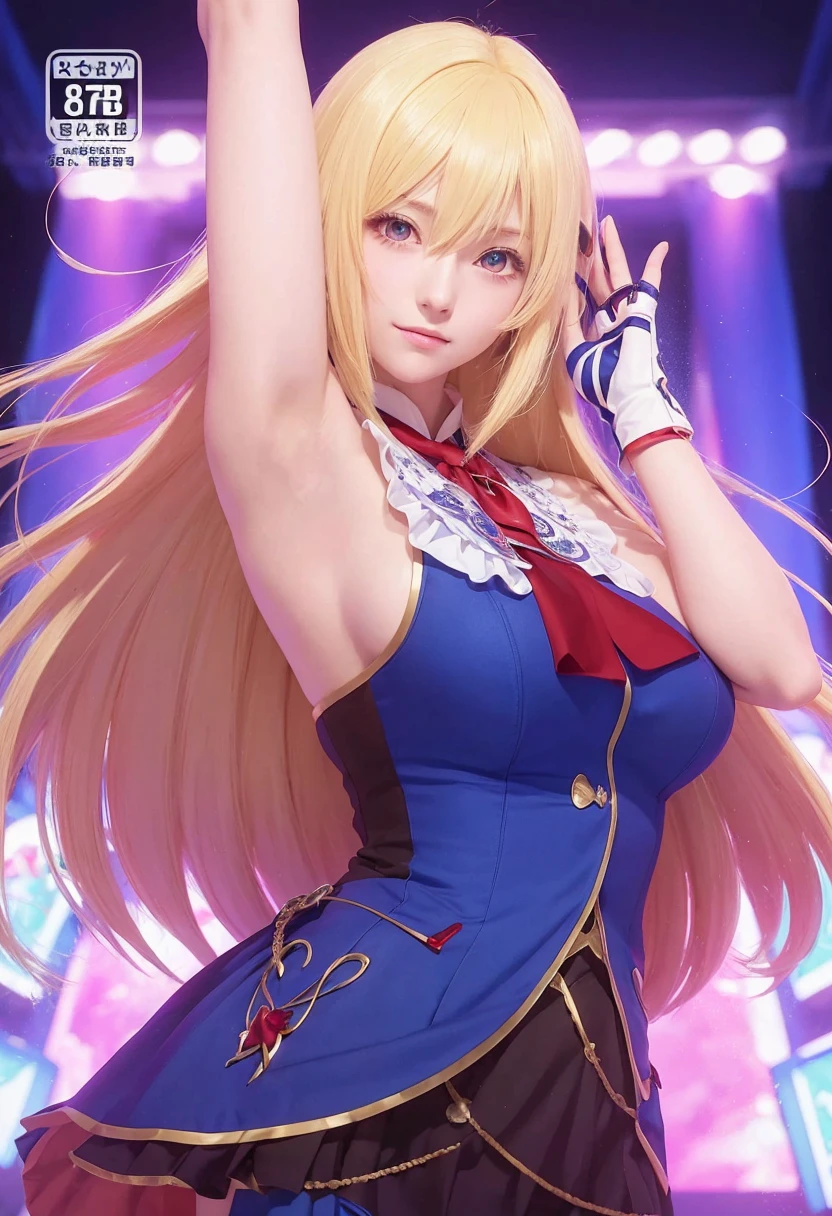 (8k, RAW photo, best quality, masterpiece:1.2), (realistic, photo-realistic:1.4), (extremely detailed 8k wallpaper), girl in blue dress with blonde hair and red tie, pixiv, rasquache, artoria pendragon, blonde anime girl with long hair, marisa kirisame, marin kitagawa fanart, anime moe artstyle, waifu, sh, anime style like fate/stay night, official artwork, anime best girl