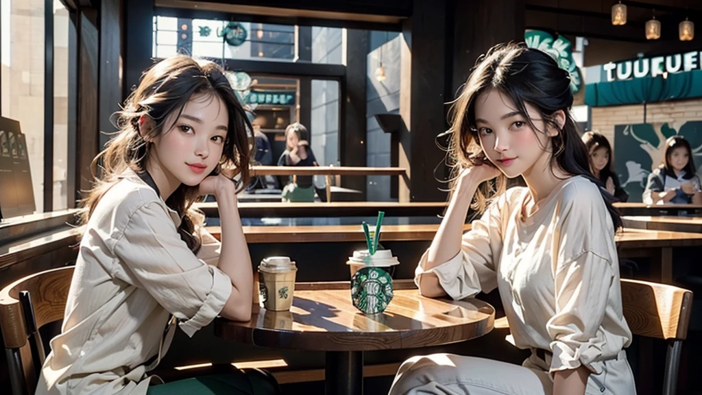 8K、RAW Photos、Highest quality、Super detailed、Super Resolution、Ultra HD、8K壁紙、Amazing details
(((Inside the Starbucks store)))、Woman sitting at a table by the window、16-year-old girl、((((Girls' High School Uniforms))))、(((Eat cake、Drink coffee、smile)))、Emphasize cleavage
