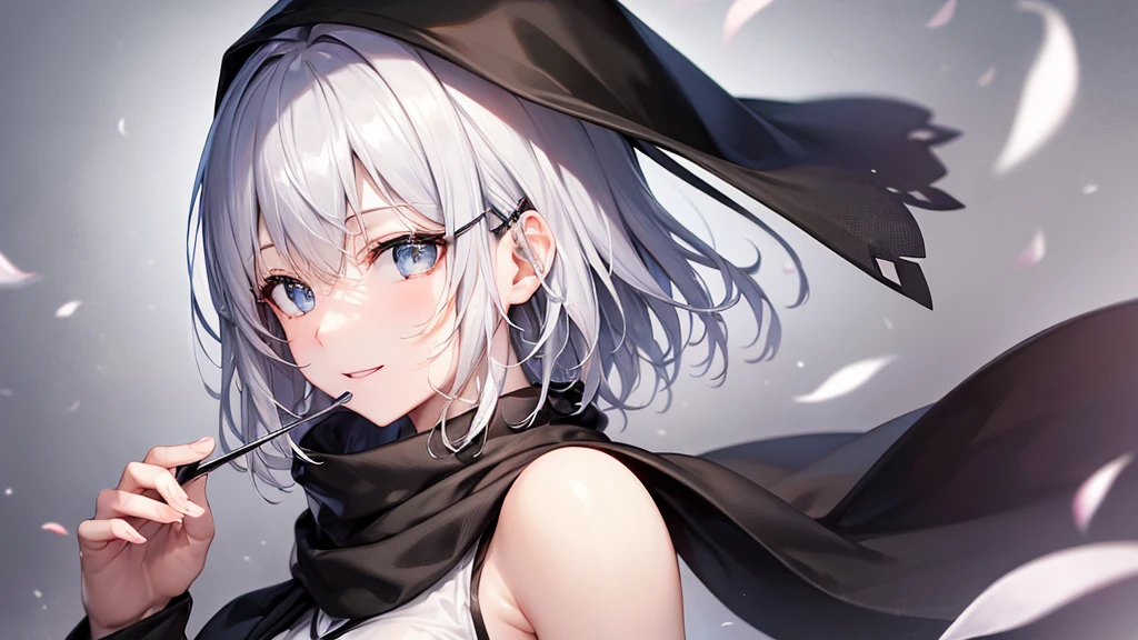 (masterpiece、top-quality)、独奏、1womanl、White hair、the tips of the hair are blue、Blue eyes、A smile、White skin as clear as snow、Fantastical,Small breasts, Silver hair, Blue eyes, Beautiful eyes, Girl, Ecstasy, charmed, be smitten with audience, Hoodie, Hoodie with open front, Naked Hoodie, Shoulder out, Blue sky, , Sunlight
