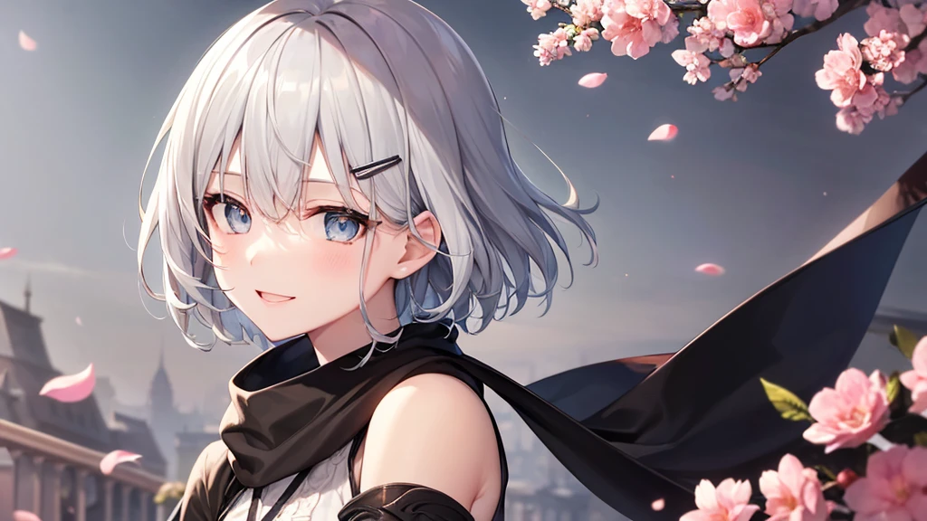 Her eyes were shining、Mysterious and enchanting atmosphere。With AI Painting、とてもShort Hair, Long bangs between the eyes, Very detailed,(masterpiece、Highest quality)、alone、Gray Hair、Fantasy, Silver Hair, Fantasyな風景、White shirt、smile、Open your mouth、Scarf、short hair、Short Hair、hairpin、black eye、Grey Eyes、Beautiful Eyes