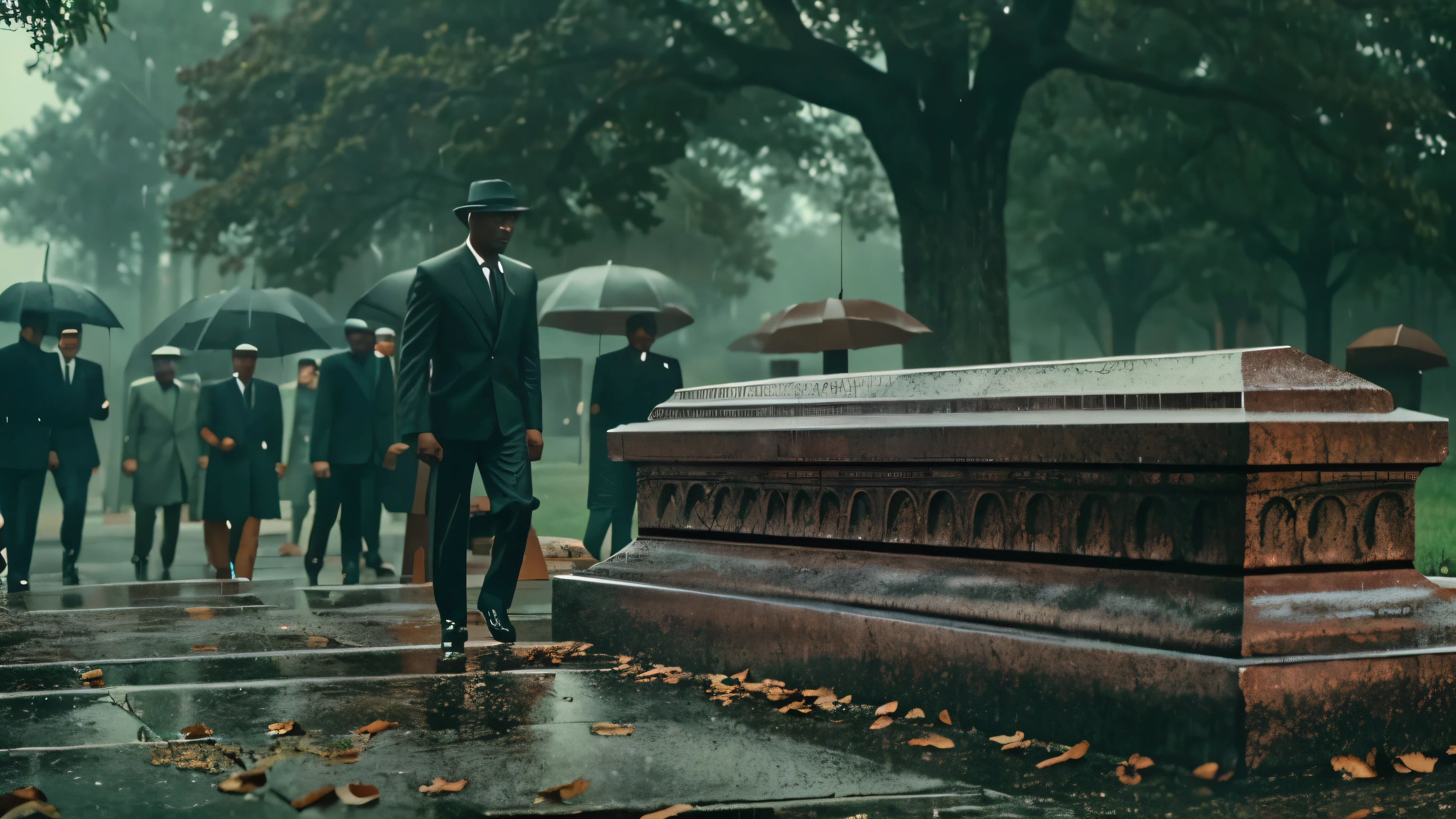 1970s, african-american funeral, rainy weather, cemetary, cinematic action, cinematic lighting, backlighting, masterpiece, anatomically correct, textured skin, super detail, 8k atmospheric perspective, depth of field,