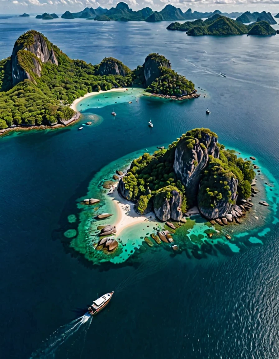 there is a boat that is traveling through the water near some rocks, epic matte painting of an island, flying rocky island, view from above on seascape, soaring over a lake in forest, scattered islands, natural landscape beauty, shot from a drone, 4k drone photography, drone photography, indonesia national geographic, “ aerial view of a mountain, archipelago