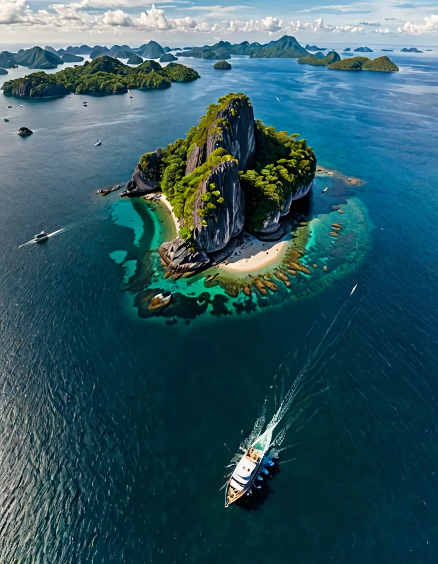 there is a boat that is traveling through the water near some rocks, epic matte painting of an island, flying rocky island, view from above on seascape, soaring over a lake in forest, scattered islands, natural landscape beauty, shot from a drone, 4k drone photography, drone photography, indonesia national geographic, “ aerial view of a mountain, archipelago