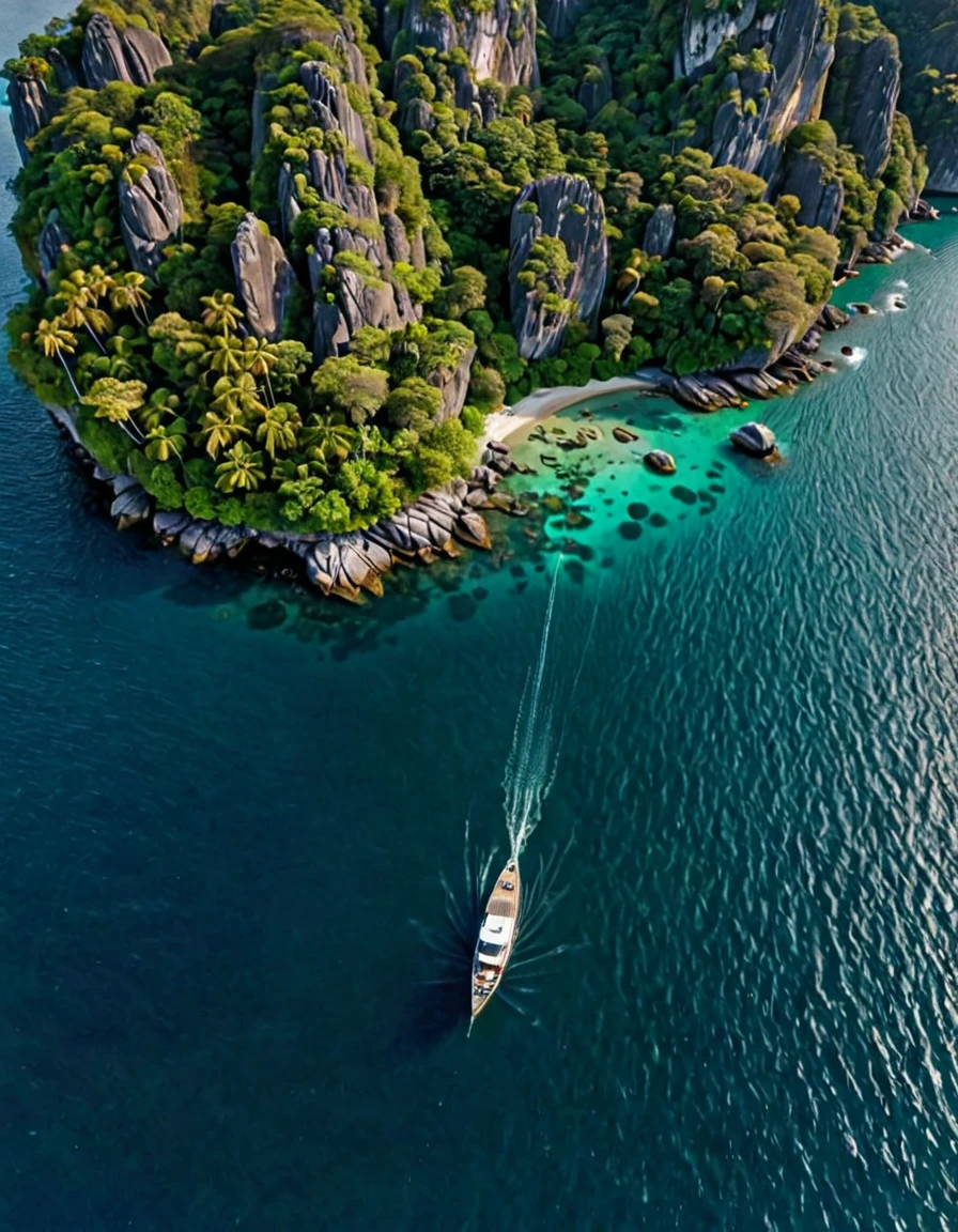 there is a boat that is traveling through the water near some rocks, epic matte painting of an island, flying rocky island, view from above on seascape, soaring over a lake in forest, scattered islands, natural landscape beauty, shot from a drone, 4k drone photography, drone photography, indonesia national geographic, “ aerial view of a mountain, archipelago