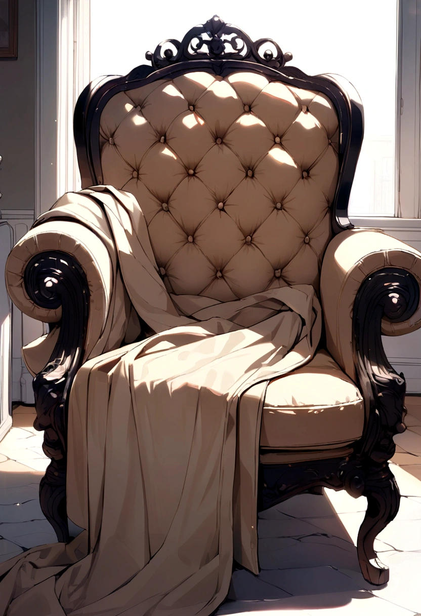 armchair with a beige trench coat over it.