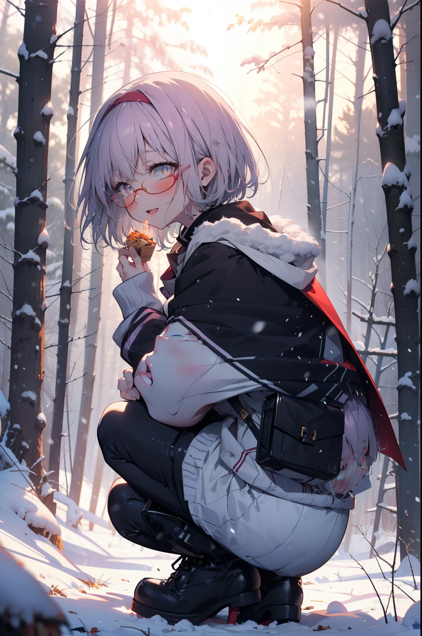 akaneshinjou, shinjou akane, Light purple hair, (Pink Eyes:1.2), short hair,Akagi Glasses,hair band,smile,blush,White Breath,Big Breasts,
Open your mouth,snow,Ground bonfire, Outdoor, boots, snowing, From the side, wood, suitcase, Cape, Blurred, having meal, forest, White handbag, nature,  Squat, Mouth closed, Cape, winter, Written boundary depth, Black shoes, red Cape break looking at viewer, Upper Body, whole body, break Outdoor, forest, nature, break (masterpiece:1.2), Highest quality, High resolution, unity 8k wallpaper, (shape:0.8), (Beautiful and beautiful eyes:1.6), Highly detailed face, Perfect lighting, Highly detailed CG, (Perfect hands, Perfect Anatomy),