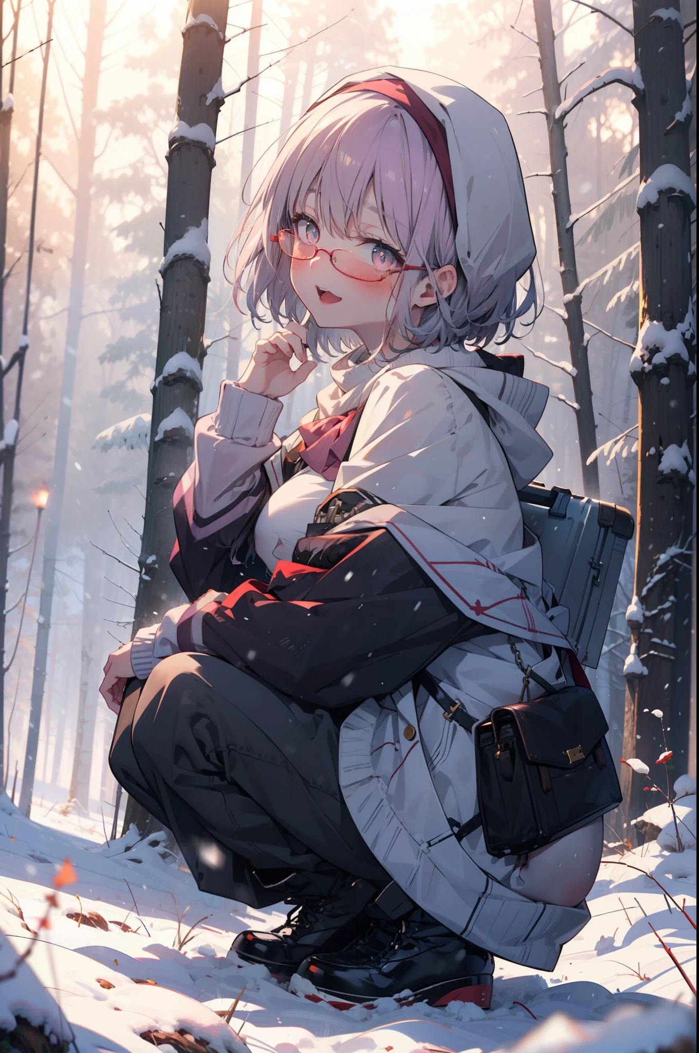 akaneshinjou, shinjou akane, Light purple hair, (Pink Eyes:1.2), short hair,Akagi Glasses,hair band,smile,blush,White Breath,Big Breasts,
Open your mouth,snow,Ground bonfire, Outdoor, boots, snowing, From the side, wood, suitcase, Cape, Blurred, having meal, forest, White handbag, nature, Squat, Mouth closed, Cape, winter, Written boundary depth, Black shoes, red Cape break looking at viewer, Upper Body, whole body, break Outdoor, forest, nature, break (masterpiece:1.2), Highest quality, High resolution, unity 8k wallpaper, (shape:0.8), (Beautiful and beautiful eyes:1.6), Highly detailed face, Perfect lighting, Highly detailed CG, (Perfect hands, Perfect Anatomy),