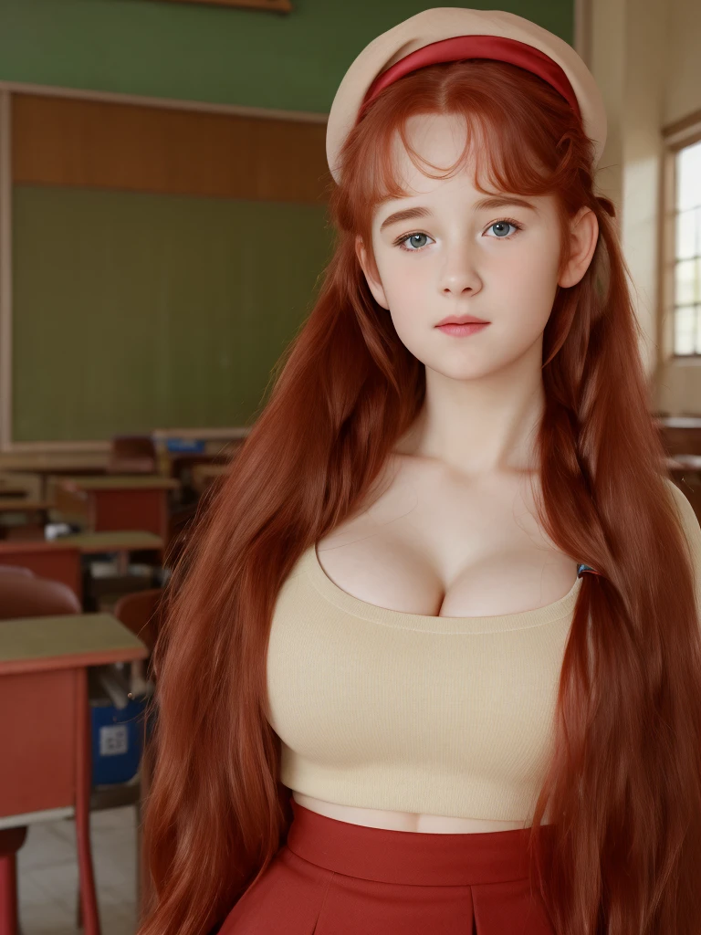 (best quality,4k,8k,highres,masterpiece:1.2),ultra-detailed,(realistic,photorealistic,photo-realistic:1.37), ((a girl in classroom, she wears skirt and beret, shy, braided red hair, pale skin)), ((slim body, very large bust size for her young age))