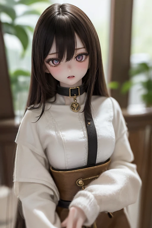 photorealistic, realistic photo, ((highest quality)), ((masterpiece)), extremely detailed, kukolnydom, doll, (woman, 20yo, 20 years old:1.6), solo, ((cowboy shot)), leaning on tablel, (skinny, slender, slim), green eyes, brown hair, (looking at another, parted lips, blank eyes, empty eyes, detailed eyes:1.3), dress, museum, 8k