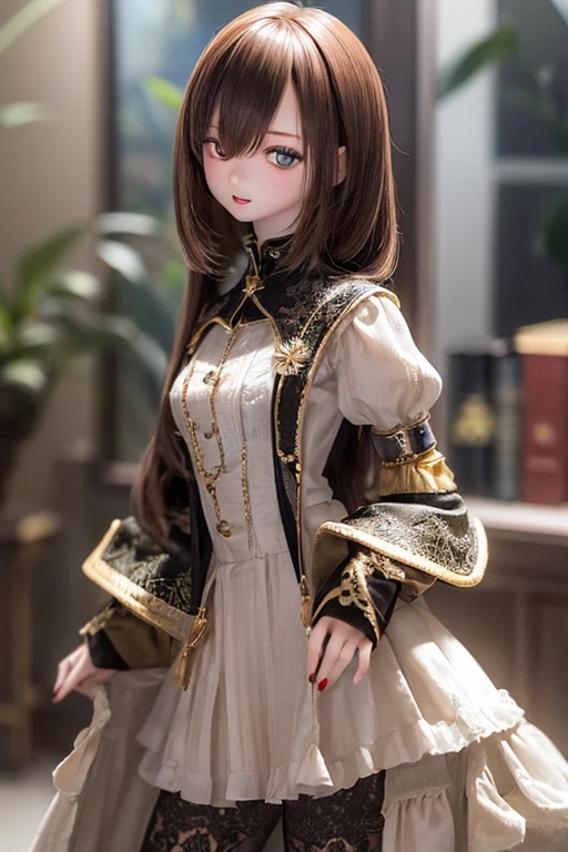 photorealistic, realistic photo, ((highest quality)), ((masterpiece)), extremely detailed, kukolnydom, doll, (woman, 20yo, 20 years old:1.6), solo, ((cowboy shot)), leaning on tablel, (skinny, slender, slim), green eyes, brown hair, (looking at another, parted lips, blank eyes, empty eyes, detailed eyes:1.3), dress, museum, 8k