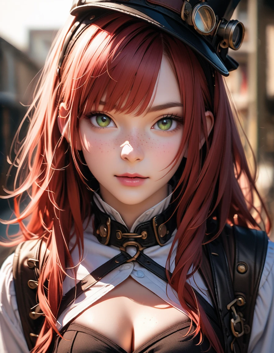 realistic portrait photo, large close-up on the face. steampunk young woman. slightly upturned nose, red hair and strong makeup. steampunk clothing, corset, shirt with large cleavage. photo portrait photography color, hdr10, facial texture. freckles on the face, green eyes. interesting realistic background. woman stands semi-profile to the camera