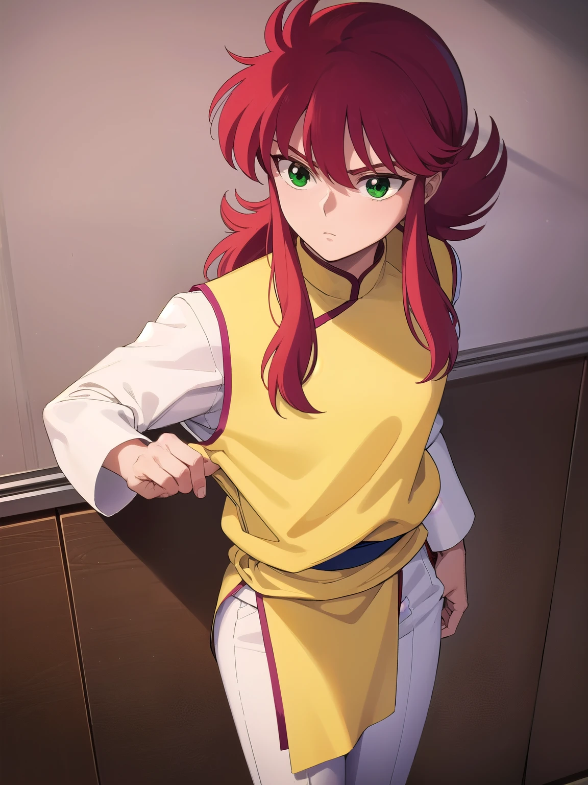 kurama, kurama, long hair, red hair, bangs, (green eyes:1.5), (retro artstyle:1.5), 1990s \(style\),
BREAK long sleeves, pants, chinese clothes, white pants, (yellow shirt:1.5), (white sleeves:1.5), (pelvic curtain:1.2), sash, sleeveless shirt, (((skull back ground)))
BREAK looking at viewer, cowboy shot,
BREAK (masterpiece:1.2), best quality, high resolution, unity 8k wallpaper, (illustration:0.8), (beautiful detailed eyes:1.6), extremely detailed face, perfect lighting, extremely detailed CG, (perfect hands, perfect anatomy),