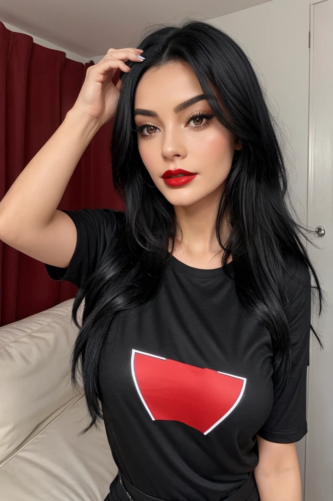 Black Hair,Red Lip, Tight T-shirt, Selfie 