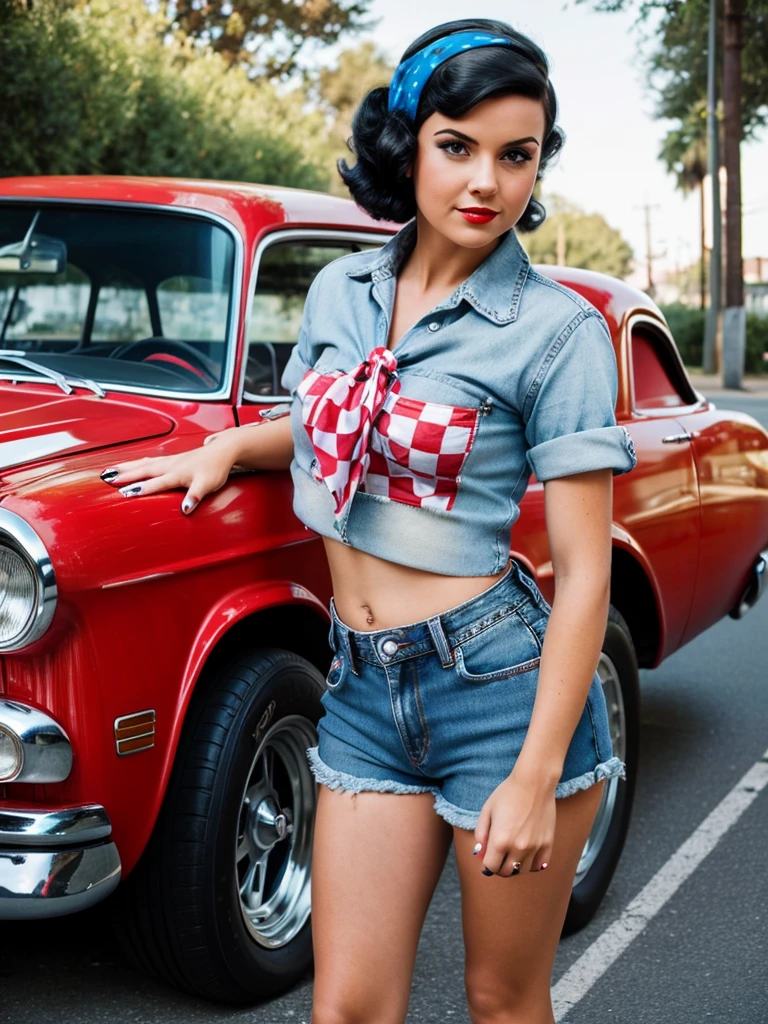 35mm photo A pin-up Car repair master young brutal emotion woman with short dark hair in pinup style, wearing a red checkered crop top and blue jeans shorts and holding a wrench red pinup bandana on a head She leaned on the car on a street soft light day