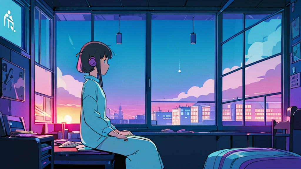 (From the side), Anime girl sitting in front of a computer in a cozy bedroom, Girl listening to music while using computer in cozy room (night), Use headphones, On the roof, (beautiful night views from windows), Lots of things, 2D Anime Style, The aesthetics of anime in the 90s, Lo-Fi, Very detailed, hard disk, A mix of anime style and Fujifilm, Surreal, 8K, masterpiece,(City Pop)