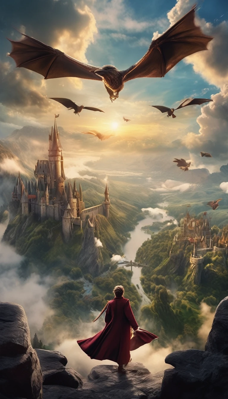 Movie, movie footage, first-person view, view from above, movie shooting, fantasy wizarding world, several wizards in the uniform of the wizarding academy robe in front of each other on flying broomsticks fiercely chasing each other between the clouds in the vast sky flying freely, clouds, wind, distant background of tall mountains, fantasy special effects, shocking masterpieces