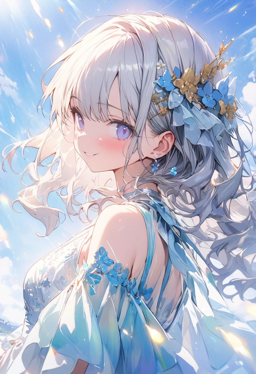 (masterpiece, best quality, highly detailed, absurdres:1.3), (1girl, cute, charming, detailed beautiful face:1.3), shiny silver hair, wavy hair, flower hair ornament, blue lace dress, (fantastic illustration, beautiful detail, best quality, top quality, fain touch outline:1.3), watercolor, clear, (background blue sky, gold light particles effect:1.5), beautiful scenery