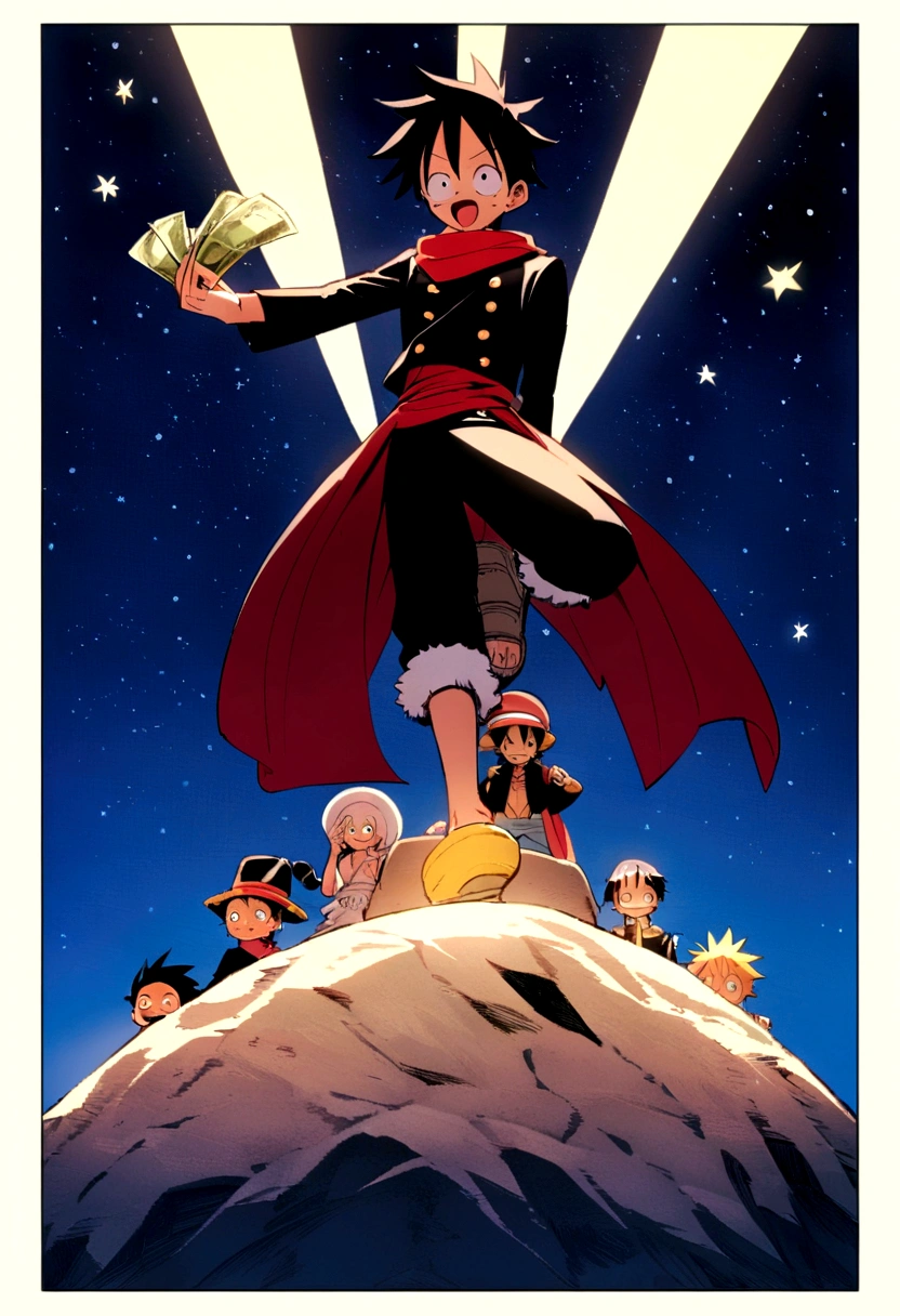 Monkey D Luffy Wano, on top of a large stone, holding money, olhando para o horizonte, roupas laranjas, night sky and starry, bright stars in the sky,