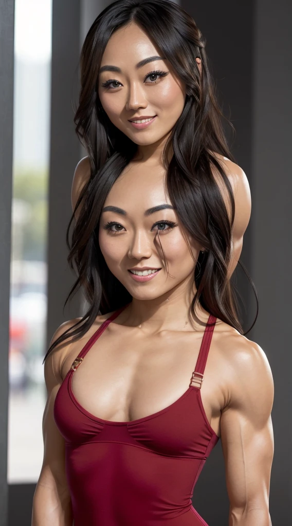 (Muscular:1.4), female ,30 years old, (big smile:1.2), beautiful face karen fukuhara,(bulging biceps:1.4),muscular shoulders,eyeshadow, lipstick, perfect fitting tight short dress,(((flat chest))),beautiful hair, looking at viewer, (full body view), three quarter view,sexy posing, elegant gala party, detailed skin, detailed eyes,high detail,ultra realistic
