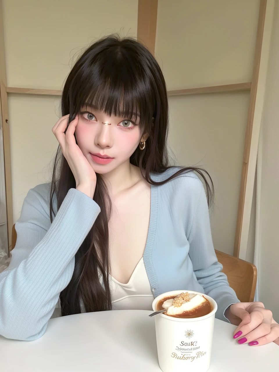 (8k, 4k, best quality, highres:1.1), (  realistic, photo-realistic:1.1), 1girl, solo, face, twintails, blonde hair, bangs, long_hair, necklace, earrings,   lips,  eyeshadow,  jewelry, (looking at viewer:1.8), spaghetti strap, black nightgown,
detailed, high contrast,