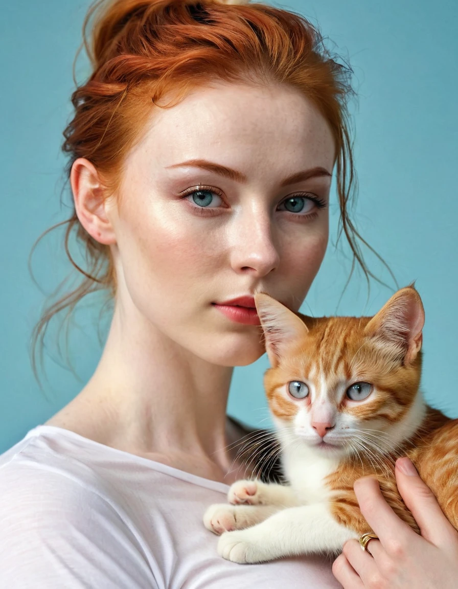 Photography full body of a very beautiful realistic girl, with a cat in her arms, porcelain skin, very light skin, very pale skin, redhead, wavy, pony tail, Detail of skin structure, hazel eyes, Slit eyes, small-nose, small nostril, think of arched eyebrows, thick lower lip, happy face, unique face, foto realista, Masterpiece Image, sharp image, Wear shorts and a t-shirt, day lights