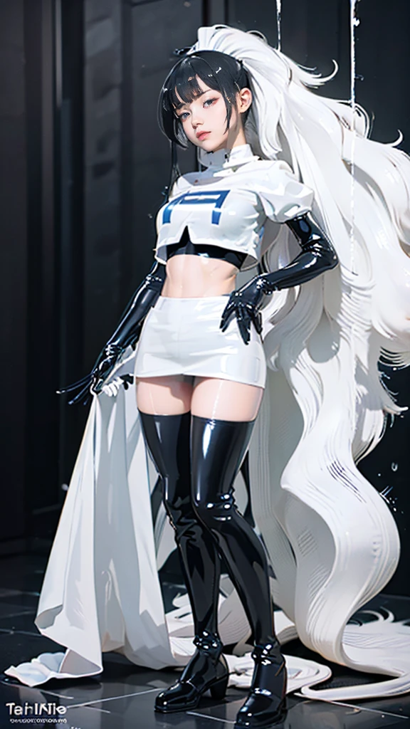 (masterpiece,best quality,In 8K,very detailed,high resolution,realistic,totally:1.2), , high detail, good lighting, , ((The background is a white space)), lewd, hentai, (((Black latex miniskirt))), (((Black latex thigh-high boots))), black latex top, bare midriff, (bare thighs), (black latex gloves),   (((Wet))), (((urinate on yourself))), (((pee baby))), (urine flowing down the leg), pee stains, (blur), (thick thighs), Long legs are cool, lipstick, detailed face, pretty face, fascinating face, Sexually aroused, Sexually aroused, (((whole body)))