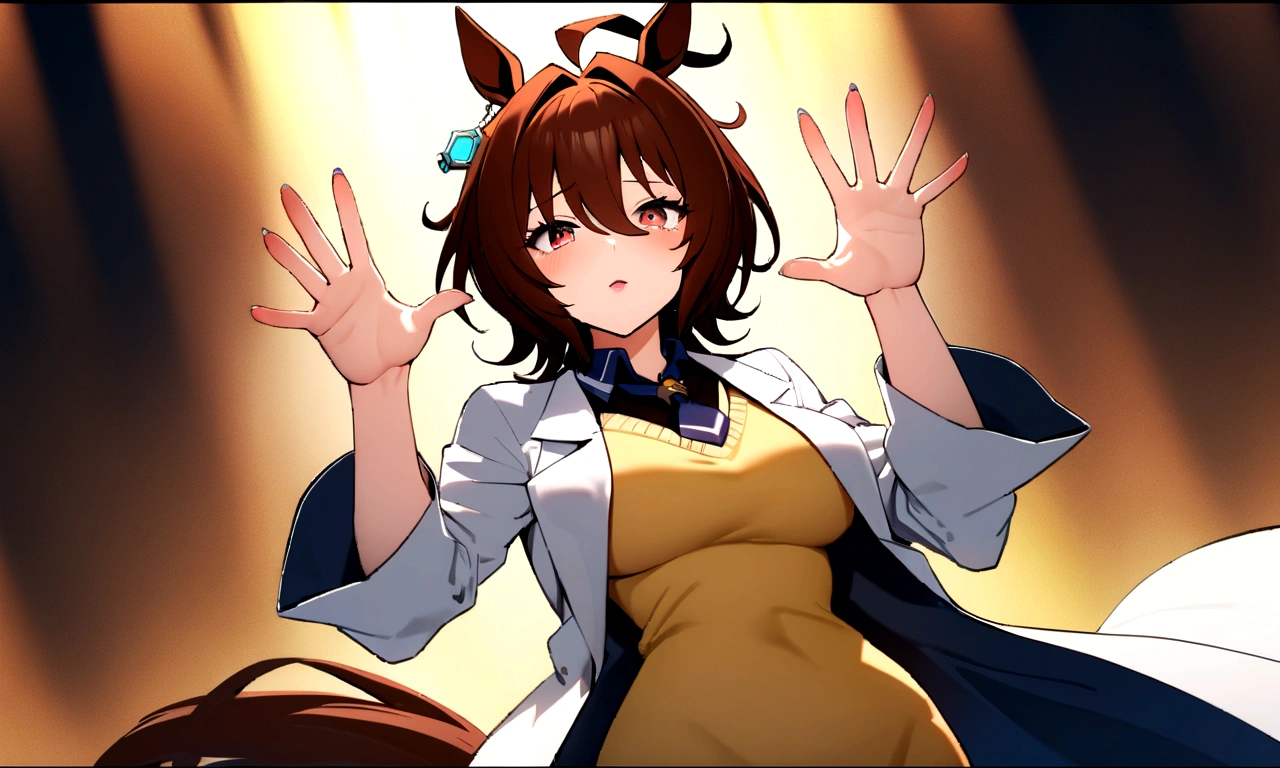 (8k, RAW photo, highest quality, masterpiece), (solo, 1 girl, ahoge: 1.2), ink painting, Uma Musume, shine, horse ears, horse tail, Uma Musume, 5 fingers, dynamic lighting, High resolution, sharp focus, depth of field, fashionable, elegance, charming, seductive, gorgeous, stunning, beautiful, charming, cute, beautiful detailed face, beautiful detailed eyes, soft expression, slim beautiful figure, Curvy, slender arms, graceful hands, delicate fingers, slender wrists, elegant neck, smooth skin, dynamic angles, perfect composition, Perfect anatomy, natural fingers, 5 fingers,((Agnes Tachyon \(umamusume\),Short hair,Red Eyes, Yellow sweater, navy blue tie, short tie, lab coat, lab coat long enough to cover hands,Confident look, devil look, final boss look, condescending look, mad scientist look