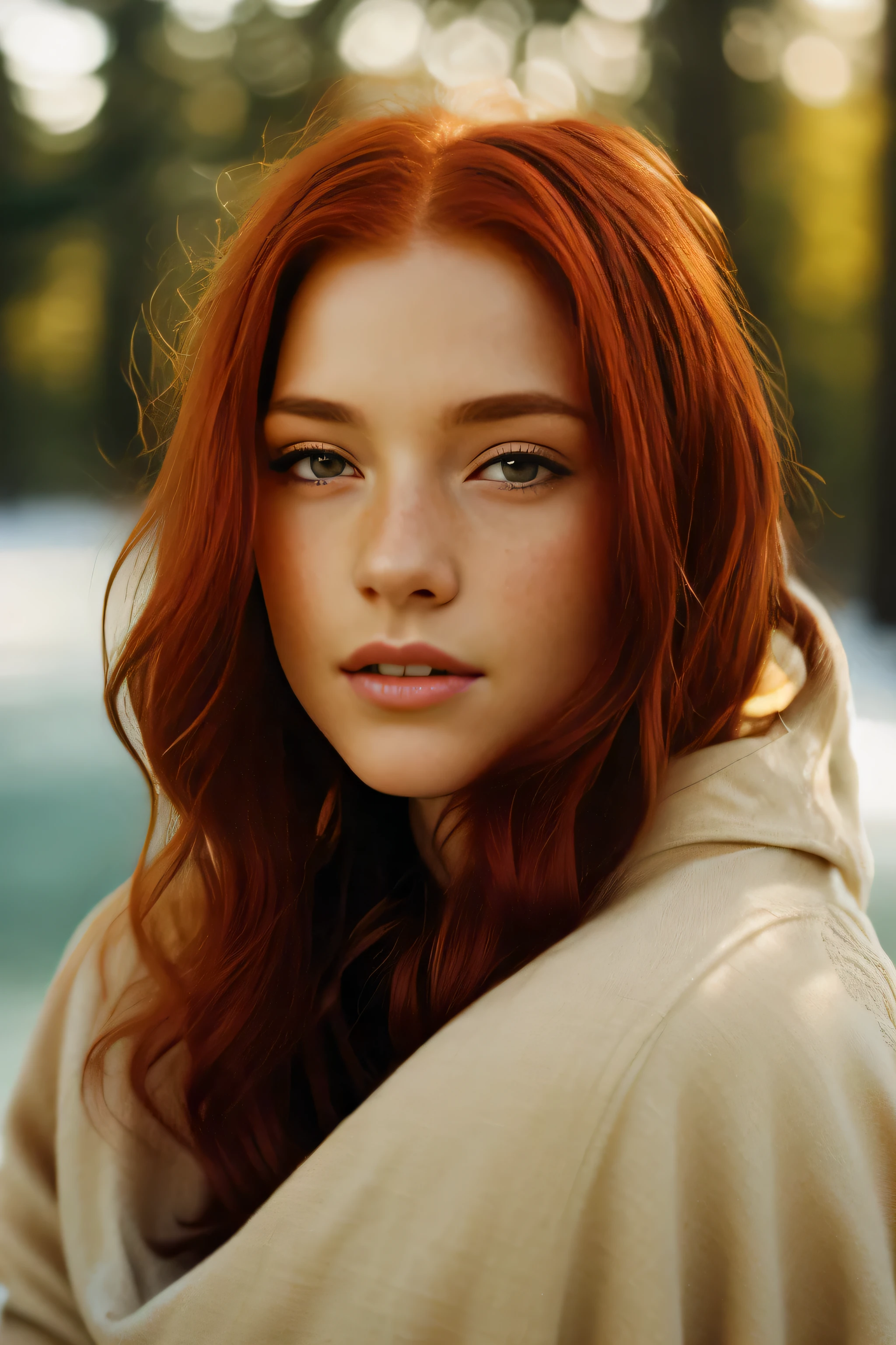 Beautiful Redhead woman, freckled, dark makeup, Hyper detailed photography, Soft light, head and shoulders portrait, couverture