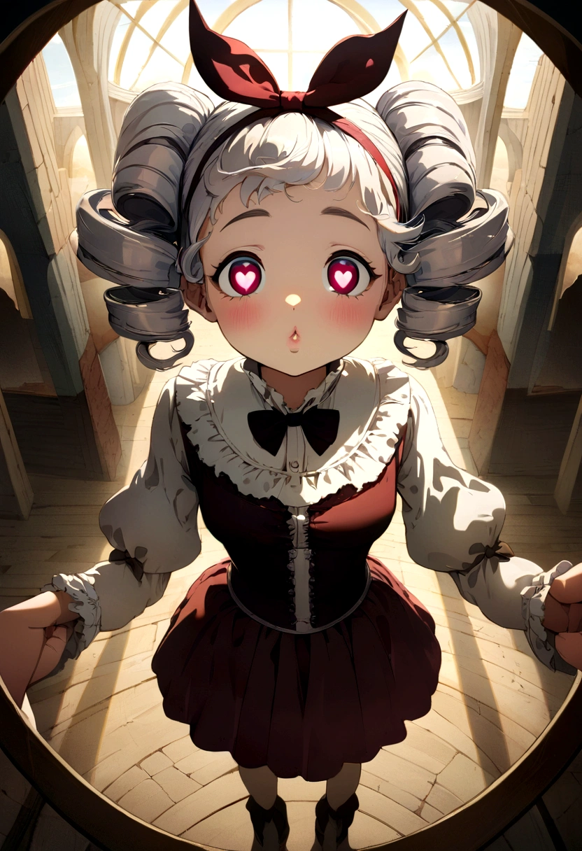 Cute Girl, cowboy shot,drill hair, curtained hair, hair bun, big hair, medium hair, bow hairband, heart-shaped pupils, raised eyebrows, smile, puckered lips, Surrealism, Renaissance, anime, anime style, cinematic lighting, depth of field, god rays, drop shadow, Fujicolor, first-person view, pov, Wide-Angle, anime style, Surrealism, UHD, retina, masterpiece, ccurate, textured skin, high details, highres, 16k