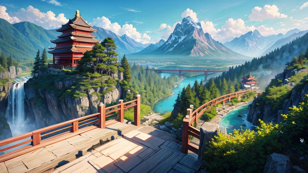 The painting depicts a traditional East Asian landscape with soaring rocky mountains studded with trees, The waterfall falls into the river flowing over the curved bridge, and many fall-colored trees at the foot of the mountain. In the sky there were two white birds flying and on the top of the mountain there was a small temple. The sky is painted gently to create the feeling of fog or clouds. The upper right corner of the picture has Chinese characters, could be the artist's signature or a poem related to the work.