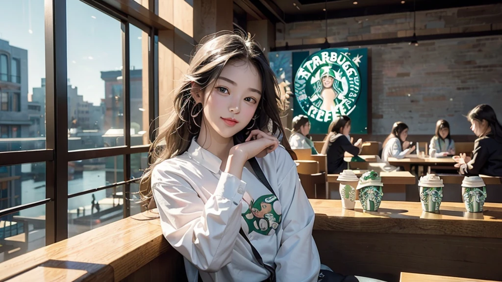 8K、RAW Photos、Highest quality、Super detailed、Super Resolution、Ultra HD、8K壁紙、Amazing details
(((Inside the Starbucks store)))、Woman sitting at a table by the window、16-year-old girl、((((Girls&#39; High School Uniforms))))、(((Eat cake、Drink coffee、smile)))、Emphasize cleavage
