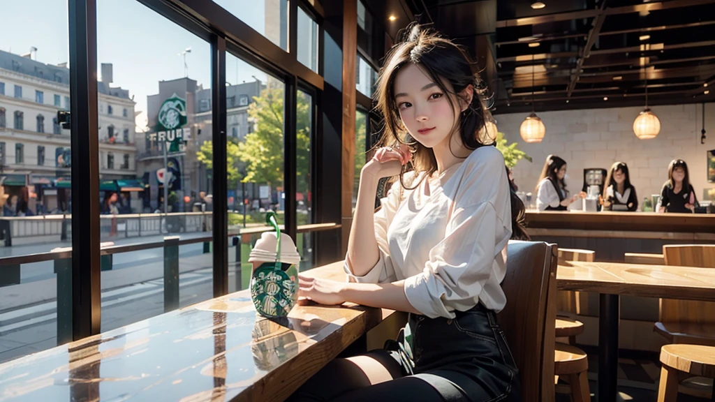 8K、RAW Photos、Highest quality、Super detailed、Super Resolution、Ultra HD、8K壁紙、Amazing details
(((Inside the Starbucks store)))、Woman sitting at a table by the window、16-year-old girl、((((Girls&#39; High School Uniforms))))、(((Eat cake、Drink coffee、smile)))、Emphasize cleavage

