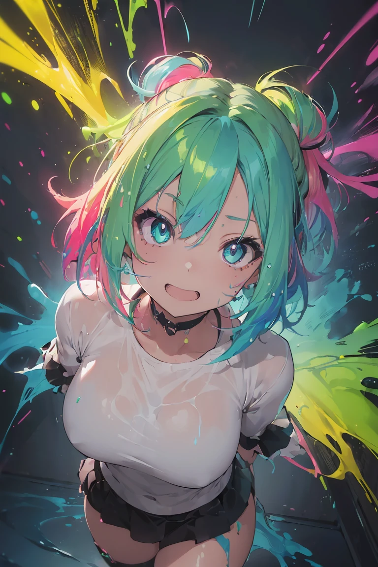 ((Look Up)), Anime girl with headphones,(Sexy ass), Grinning face, (Big Breasts),((Upward glance:1.3, Perfect Eyes , レインボーは超detailedなGradient Eyeを輝かせます:1.1, Gradient Eye:1, Beautiful detailed eyes:1, Symmetrical eyes:1, Big Eye Highlights:1.2)), (Open your mouth), teeth,In a psychedelic room, (Light Skin: 1.5, Sunburned skin, very Light Skin, Bright body, Visual Tranceのイラスト, Visual Trance, psychedelic art style, Neon Color Theme, (masterpiece), (Complex), 8K, Highest quality, (Visual Strength: 1.5),

(((liquid paint hair:1.1))) ,(((Neon colored hair :1.5))), ((Painted、Defying Gravity,Thick flow),(Paint splashes:1.3), (Shiny Hair: 1.3), (Bright colors), Embarrassing,Centered,Scale to fit,Three-part method, Body nicely covered in paint on a multi-colored background, Colorful themes, Splash paint play, Beautiful light, Colorful light particles,High contrast in clothing, Splashes of color, Color Drawing Wall,  Complex detailed,  Exposure Blending, High resolution, (Graffiti art),more_detailed:0.5,