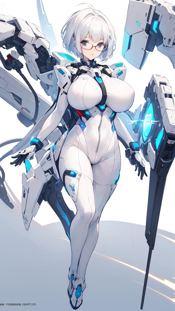 (one anime girl, glasses, white short hair, huge breasts, white futuristic suit, watching on viewer, in a dynamic pose), ((white background)),(((in full growth,full body)))