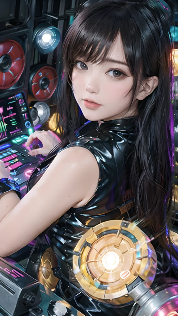 A WOMAN playing DJ music with a serious face but relaxed and calm face, surrounded by colorful, swirling lights. and She play DJ equipment, which is knoob illuminated by the vibrant lights.