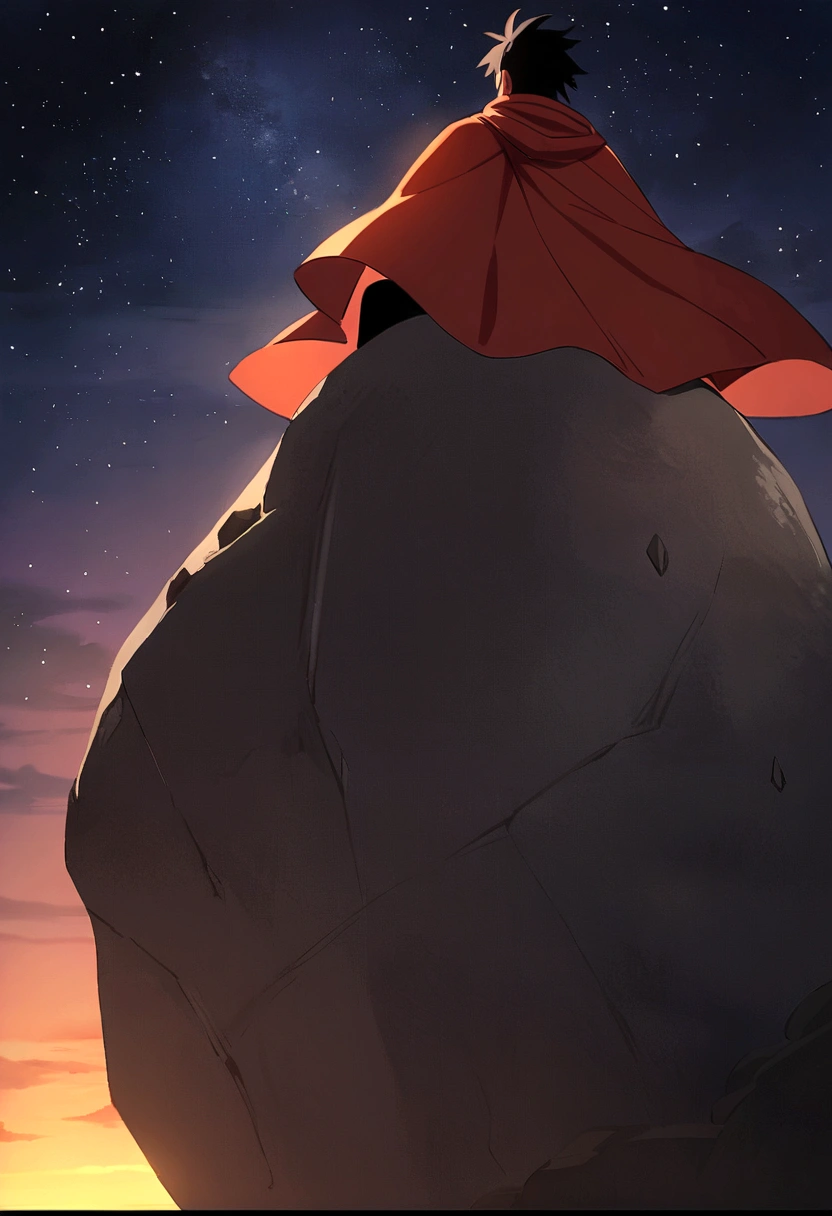 Monkey D Luffy Wano, on top of a large stone, olhando para o horizonte, roupas laranjas, night sky and starry, bright stars in the sky,