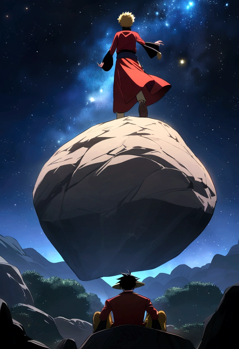Monkey D Luffy Wano, on top of a large stone, olhando para o horizonte, roupas laranjas, night sky and starry, bright stars in the sky,