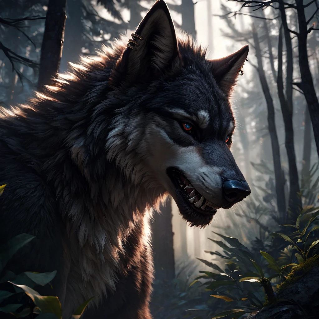 a curious wolf, hyper-realistic, 1 wolf, detailed fur, piercing eyes, sharp teeth, forest background, dramatic lighting, moody colors, cinematic composition, photorealistic, 8k, best quality, highly detailed, masterpiece