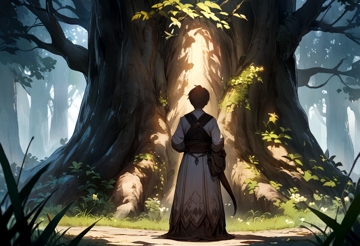 Game Cover，close up，A boy and a  girl standing back to back under a tree
