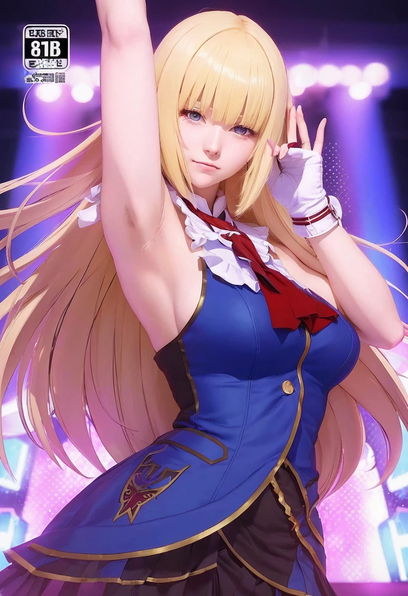 (8k, RAW photo, best quality, masterpiece:1.2), (realistic, photo-realistic:1.4), (extremely detailed 8k wallpaper), girl in blue dress with blonde hair and red tie, pixiv, rasquache, artoria pendragon, blonde anime girl with long hair, marisa kirisame, marin kitagawa fanart, anime moe artstyle, waifu, lolish, anime style like fate/stay night, official artwork, anime best girl