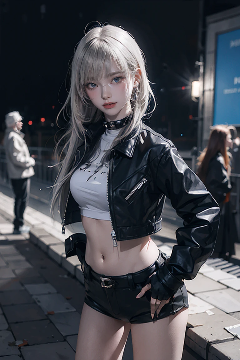 (masterpiece), Highest quality, Expressive eyes, Perfect Face, High resolution, One girl, alone, Gray Hair, Jacket, Ahoge, Fingerless gloves, abdomen, panties, Crack, Put your hands on your hips, Leaning forward, smile, Fantasy Background, particle, magic, Are standing,Cowboy Shot, Looking at the audience, from the front,night, Abandoned city,