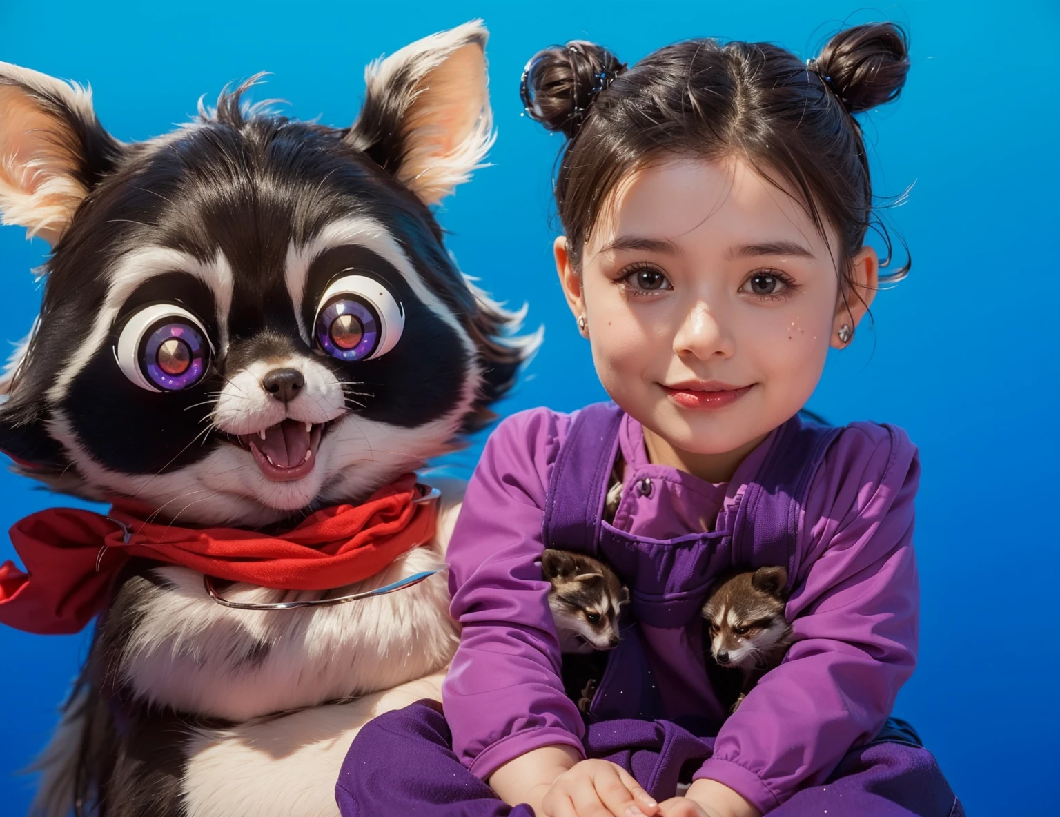 The image features a young girl sitting on a white surface against a gradient blue background. She is wearing a light purple outfit with a long-sleeved top and matching overalls. Her hair is styled in two cute buns, and she has small earrings. The girl has a gentle smile on her face, with big, expressive brown eyes and a soft blush on her cheeks, giving her a healthy, rosy complexion.
Next to the girl is a cartoonish, adorable raccoon character with large, bright purple eyes and a cheerful expression. The raccoon has dark fur with lighter patches around its eyes and mouth, and it wears a red scarf. The raccoon appears to be happily posing with the girl, adding a whimsical and playful touch to the image.
The overall atmosphere of the image is warm and charming, capturing the innocence and sweetness of the girl alongside the playful and friendly raccoon character.baby cute small girlcapturing the innocence and sweetness of the . мультяшный рендеринг ключевого кадра, милый 3D рендеринг,,Create ultra sharp цветной рендеринг zbrush. perfect cgi, baby cute small girlcgi art created only with gradients, smooth silhouette, Create ultra sharp skin, high intensity refraction, (plastic material), most beautiful vfx, blue background, plastic refractions, glossy texture, smooth 3d model, multiple light sources, rim light, sharp post effects render, (glossy plastic texture with multiple big light probe refractions), perfect cgi, cgi art created only with gradients, smooth silhouette, high intensity refraction, (plastic material), most beautiful vfx, blue background
