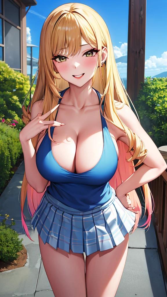 Masterpiece, best quality, height, Kitagawa Marine, 1 girl, blonde hair, long hair, colorful hair, conjunctivitis, decorations, earring, drill, , Tank top with deep cleavage showing cleavage, flashy short skirt, smile, รอยsmile, stand, Cowboy Shot, outdoor,obscene gesture