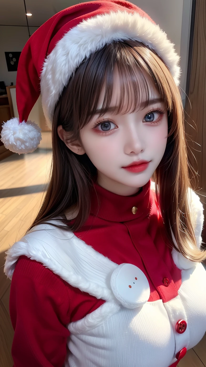 ((masuter piece、Best Quality、top-quality、Highest Standards、Top image quality、Very beautiful adult woman、Very attractive beauty、Very intense pale blue eyes、Very strong highlight of the eyes、Perfect Anatomy、Dynamic lighting、lipgloss))、(Raw photo:1.2)、(photoRealstic:1.4)、((Almost never look up、Look firmly at the camera))、Beautiful face with perfect symmetry、Very beautiful detailed woman、extremely detailed eye and face、beatiful detailed eyes、ighly detailed、((High School Girl Santa Claus Uniform、Crimson Santa Claus knitted outfit with white fluff、Crimson Knitted Santa Claus Hat、Santa Claus knitted costume、Very large buttons、Very thick red shoulder strap for knitwear:1.4))、Light on Face、28-year-old girl、((dynamicposes))、short hair、crossed bangs、asymmetrical bangs、Short bob cut、bangs、big eye、very large breast、Very beautiful sagging breasts、very beautiful breast shape、Beautiful cleavage、tall supermodel,supermodel、Supermodel with broad shoulders、bright color eyes、Lose shadows on the face、Shadow Fade:1.1、A little natural light coming in from the front、Christmas daytime snowy winter nature background、The face brightens a little、Light on the Face