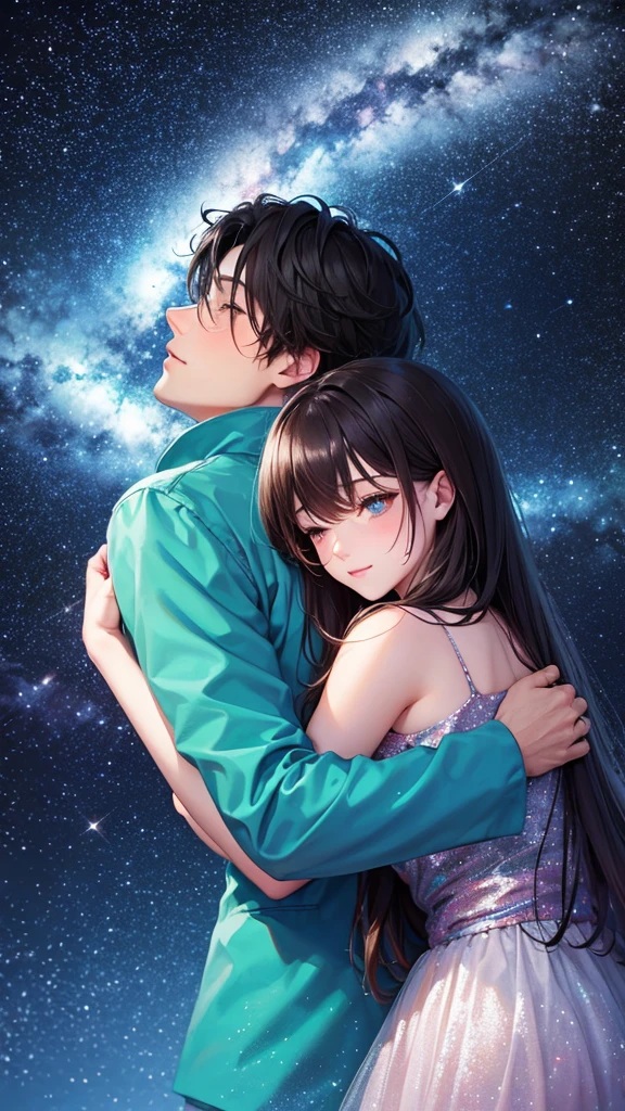 colorful forest, Sky with Stars,Glitter, a man and a Woman hugging