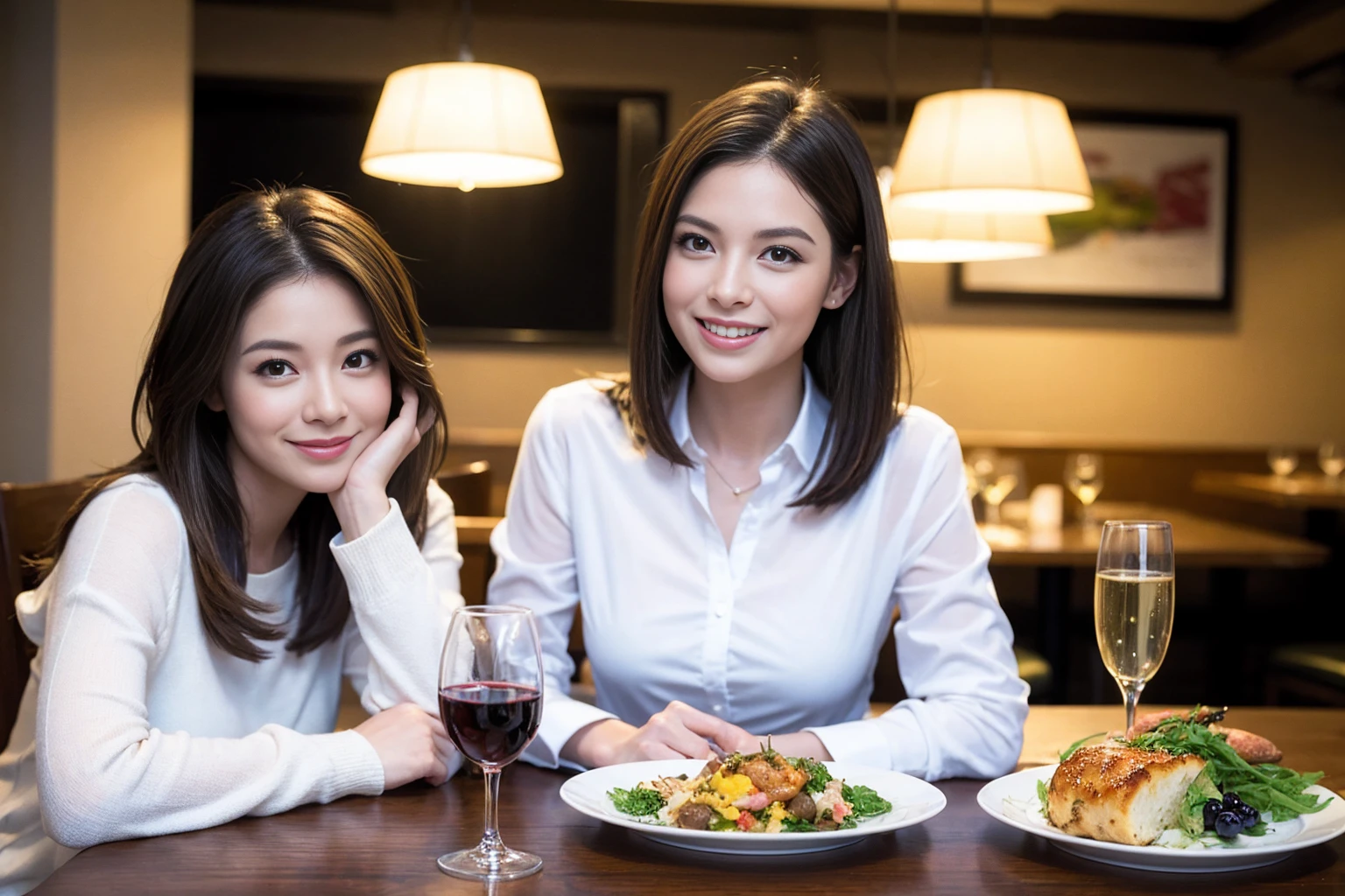 ((Highest quality、、masterpiece:1.3))、1 male、1 female、spouse、Beautiful couple、smile、full-course dinner、 (Slim face), (the body is スリム), (Brown Hair), (Shortcuts), ((Bob Hale、Straight hair:1.2)), テーブルの上のwine glass、Put the light on your face、 Amazing view of the sunset sky and clouds、smileの美しさ、Bright image、Blushing, Shortcuts, (43 years old), 39 years old, Appetizers、Italian food、Wine bottle、Champagne、sparkling wine、Long sleeve shirt、dress、Attractive beauty、restaurant, Nova Frog Style, actress, model, Upper Body, White wine, red wine, wine glass, 