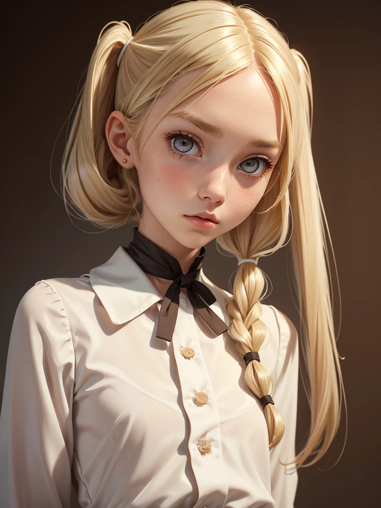 (best quality), 1girl, female, porcelain skin, blonde hair, straight hair, medium hair, pigtails, swoopy tips, Flipped-up ends, brown eyes, perfect eyes, slender, cute clothes, small bust, shy, masterpiece, anatomically correct, highres