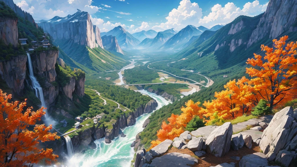 The painting depicts a traditional East Asian landscape with soaring rocky mountains studded with trees, The waterfall falls into the river flowing over the curved bridge, and many fall-colored trees at the foot of the mountain. In the sky there were two white birds flying and on the top of the mountain there was a small temple. The sky is painted gently to create the feeling of fog or clouds. The upper right corner of the picture has Chinese characters, could be the artist&#39;s signature or a poem related to the work.
