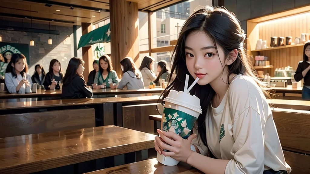 8K、RAW Photos、Highest quality、Super detailed、Super Resolution、Ultra HD、8K壁紙、Amazing details
(((Inside the Starbucks store)))、Woman sitting at a table by the window、16-year-old girl、((((Girls&#39; High School Uniforms))))、(((Eat cake、Drink coffee、smile)))、Emphasize cleavage
