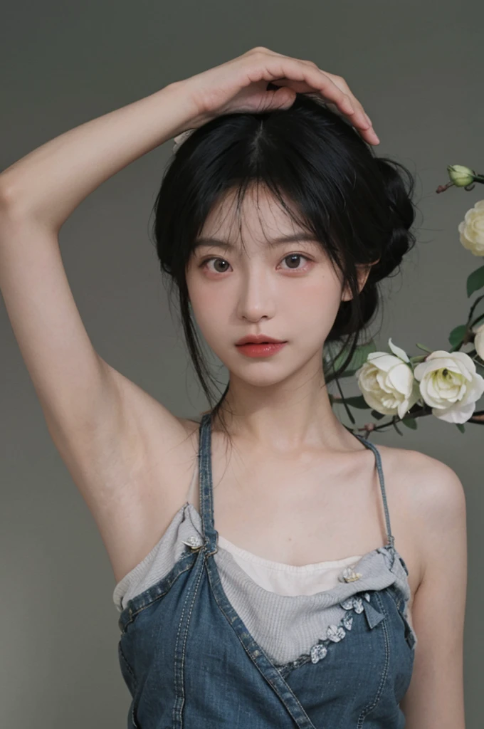 masterpiece,Best picture quality,Extreme details,Ultra-high resolution,Ultra-high definition,Beautiful young people,Glowing skin,thin,Black Hair,Half bun,1,big eyes,beautiful eyes,Lipstick,Exquisite facial features,Medium shot, Tube Top Suspenders,Single tone background,White background,Soft light,Sunlight,Wear flowers on your head